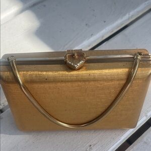 Gold Metallic Minaudière Clutch with Chain Handle